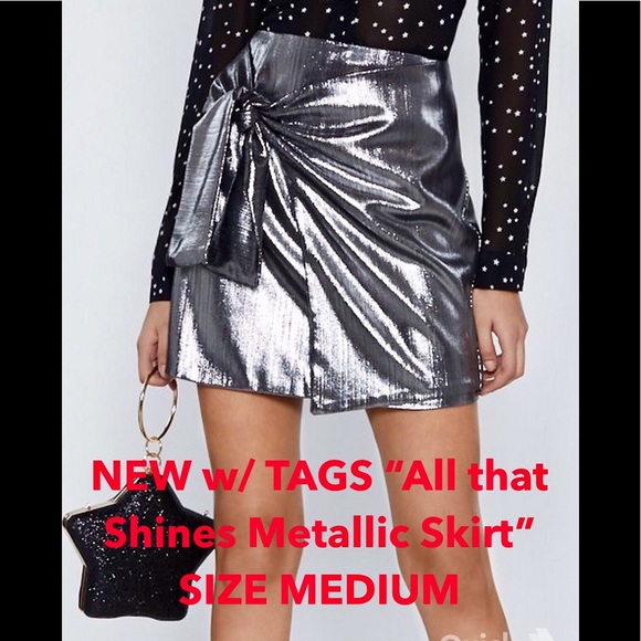 HOST PICK!  NWT Metallic Silver Front Tie Skirt M - Picture 2 of 7